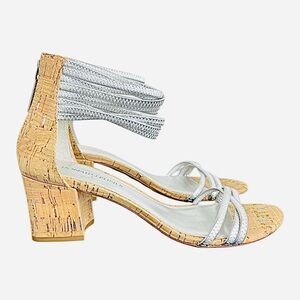 Donald J Pliner Essie Silver Strappy Leather Cork Heels Women's Sandals Shoes 6